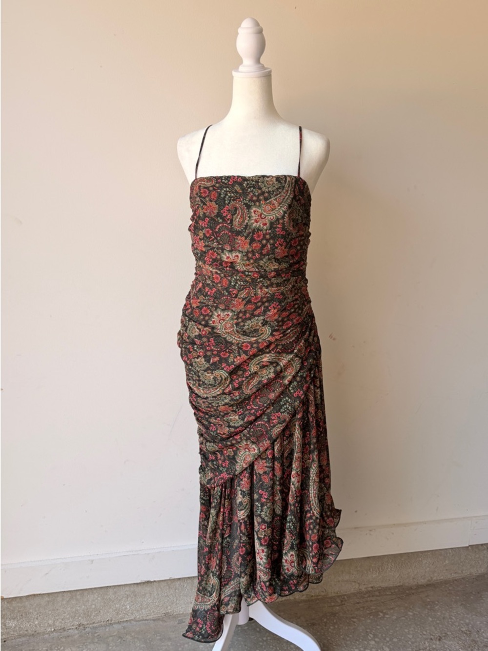 Lulu's Olive and Red Paisley Ruched Slip Midi Dress